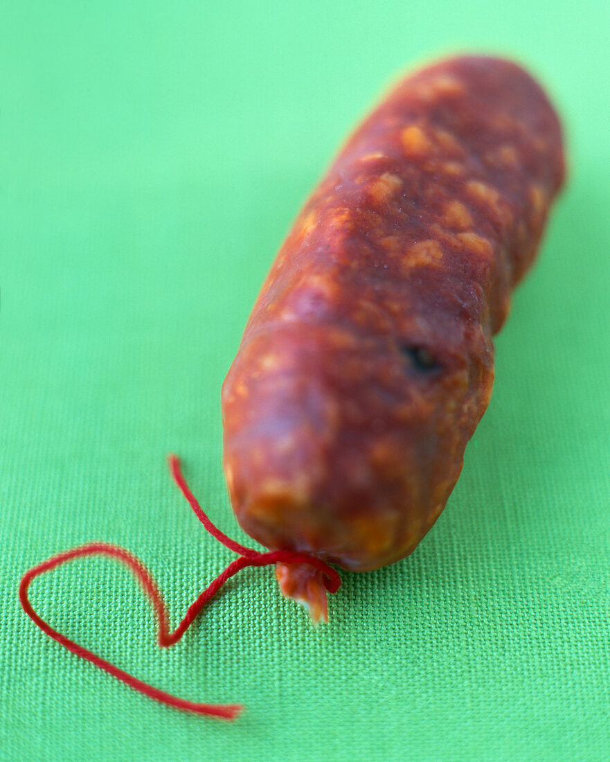 Close-up of chorizo on green background