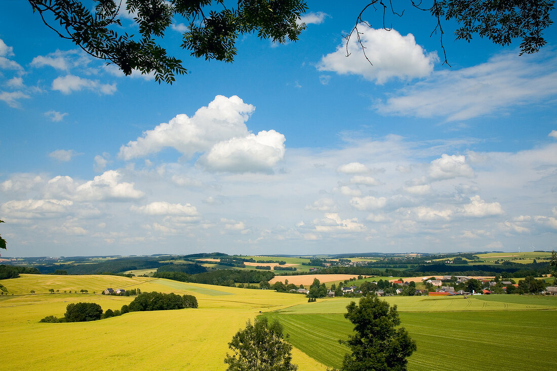 View of yellow-green landscape, hills and village in Saxony, Germany