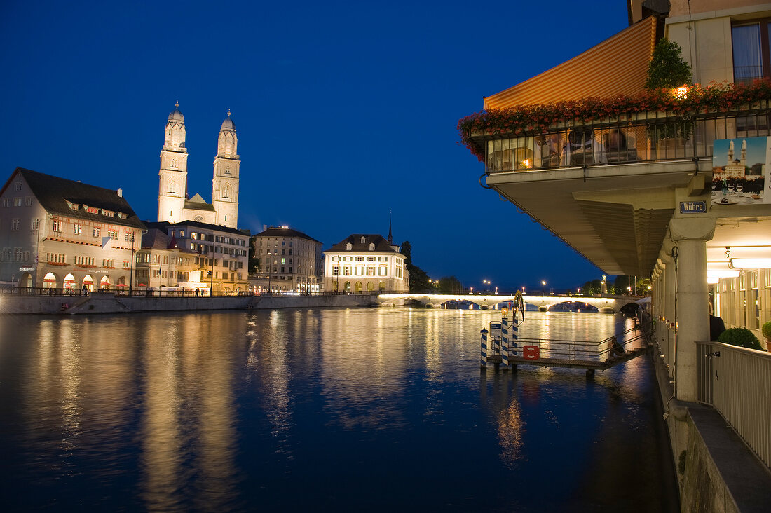 View of Limmat from Hotel Storck at dusk, Zurich, Switzerland