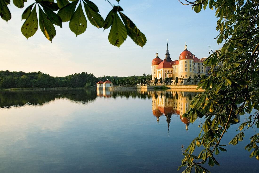View of lake and Moritzburg Castle, Saxony, Germany