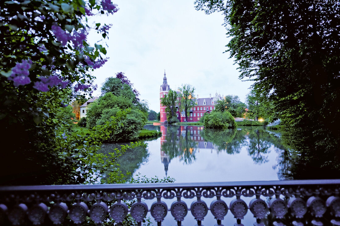 View of Bad Muskau Muskauer Park from bridge castle, Saxony, Germany