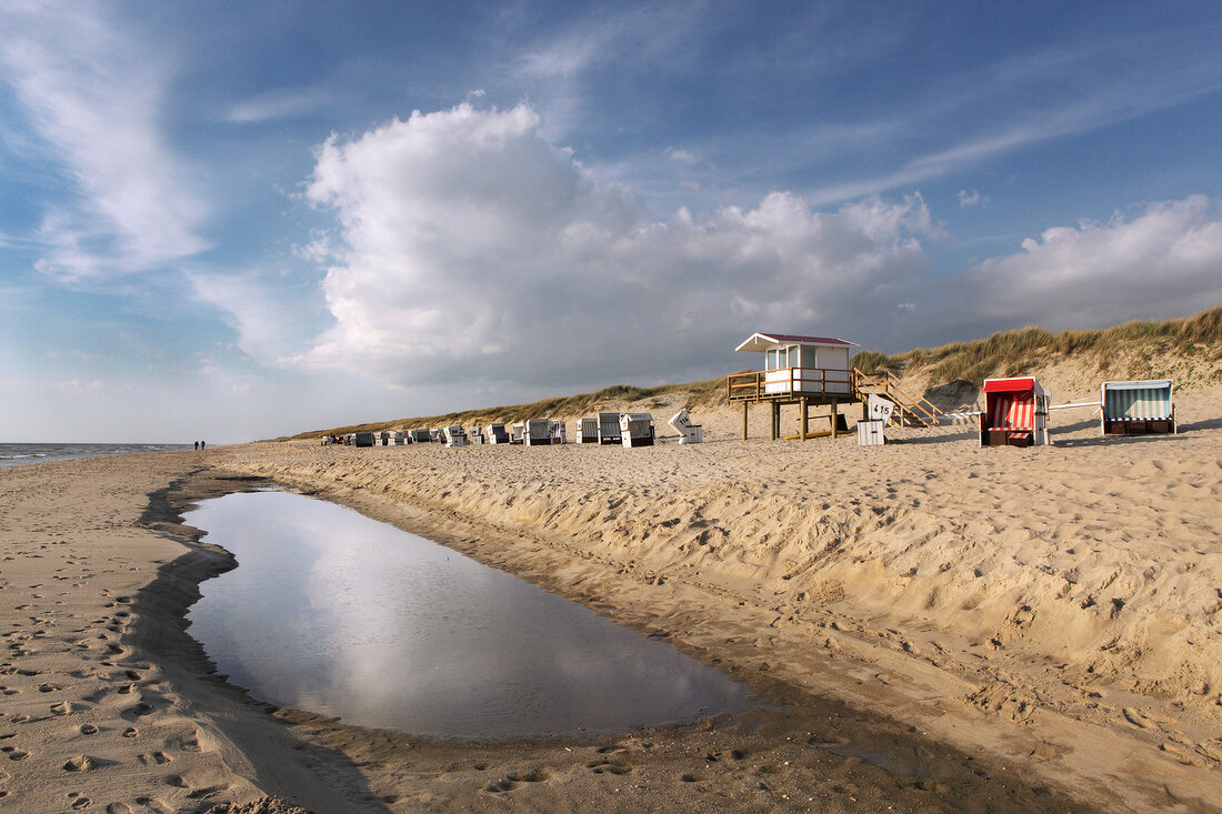 View of beach chairs on beach of Sylt Island, Schleswig-Holstein, Germany