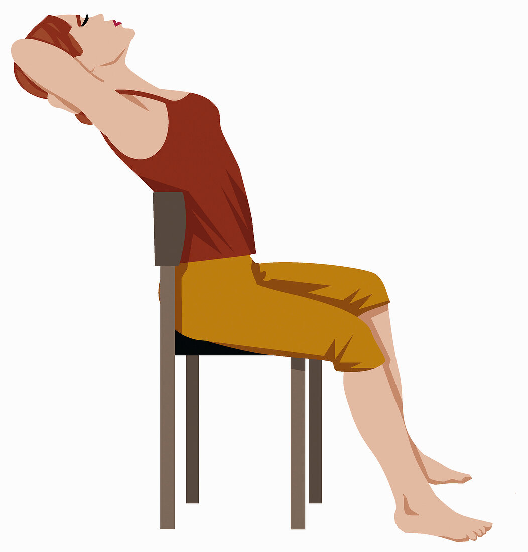 Illustration of woman sitting on chair and leaning back while performing chest exercise