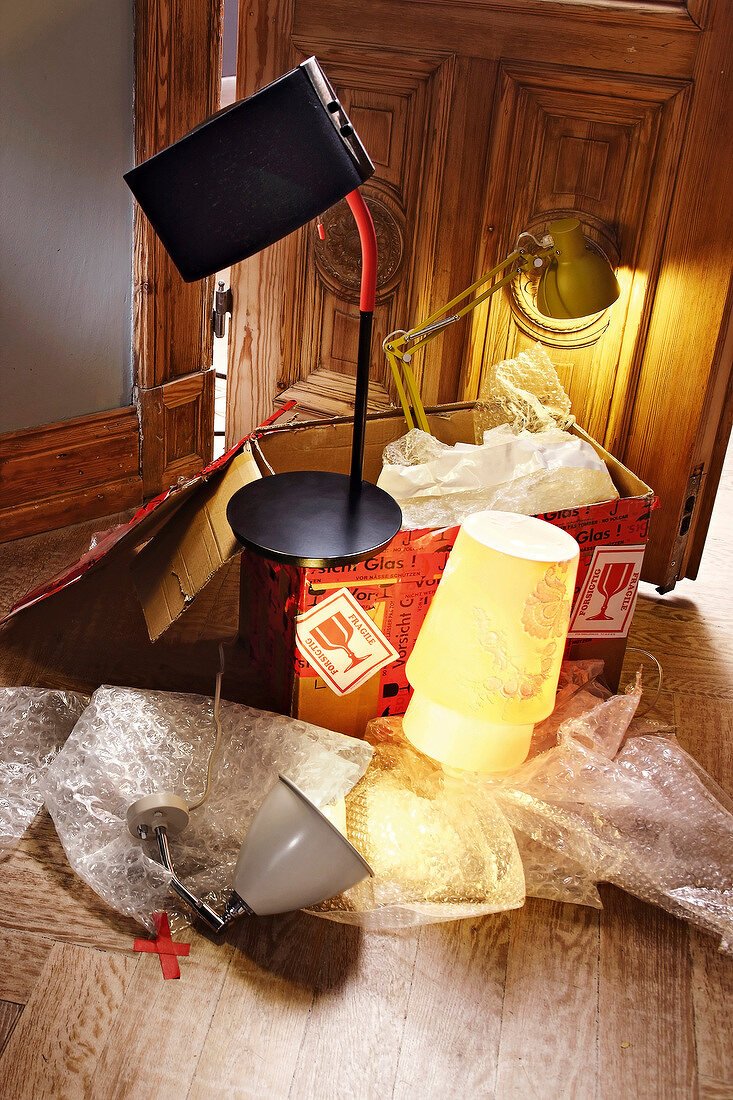 Various types of table lamps near unpacked box