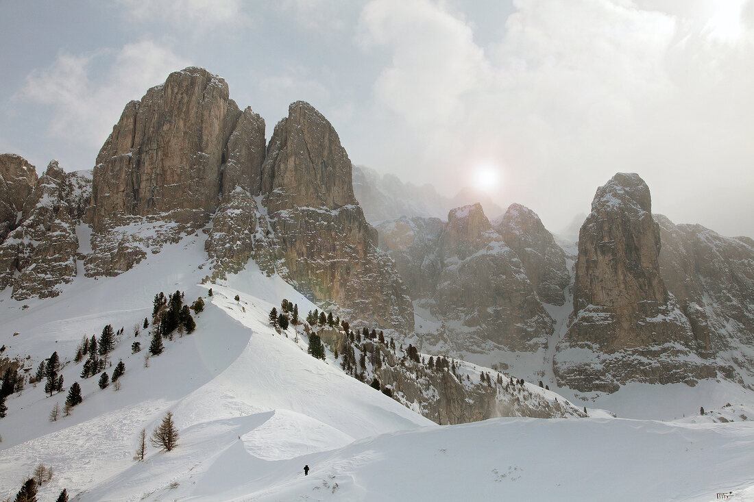 View of winter mountain at Dolomites, Corvara, South Tyrol, Italy