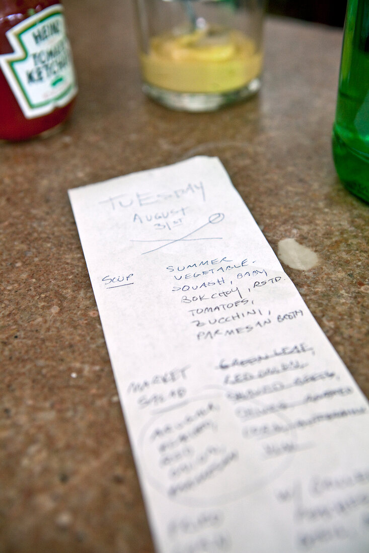 Close-up of shopping list on table in New York, USA