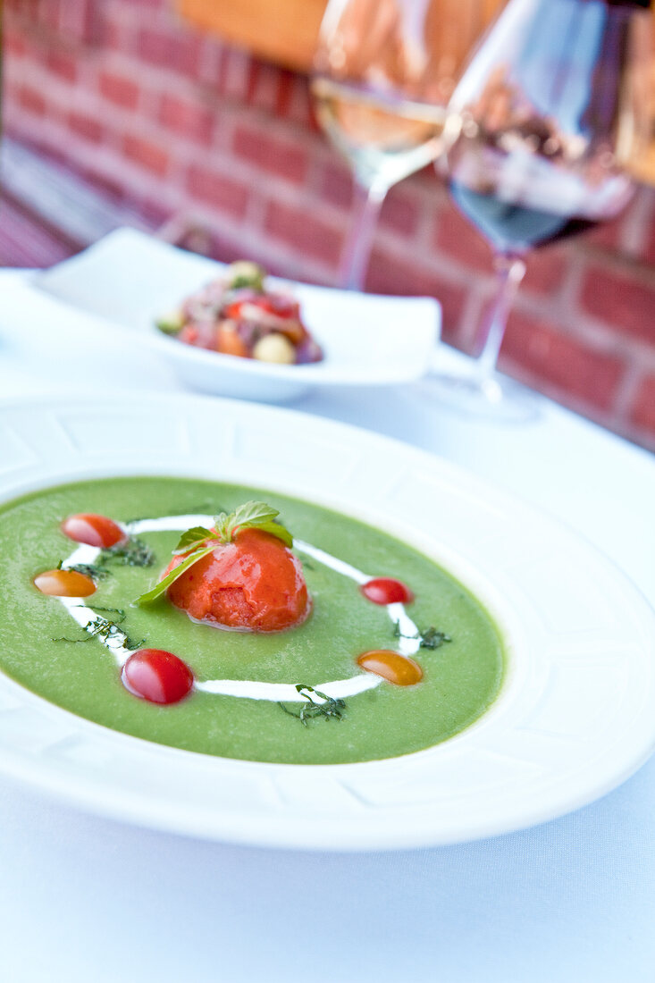 Bowl of green gazpacho with tomato sorbet, New York