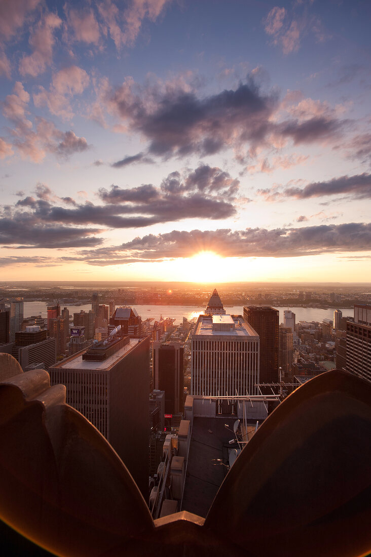 View of skyscrapers at sunset in New York, USA