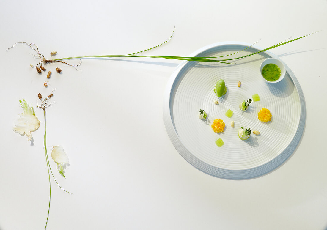 Celery, chufas and red licester on plate, overhead view