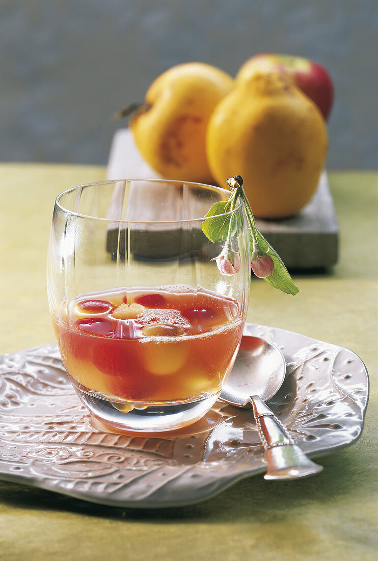 Close-up of clear apple juice in glass