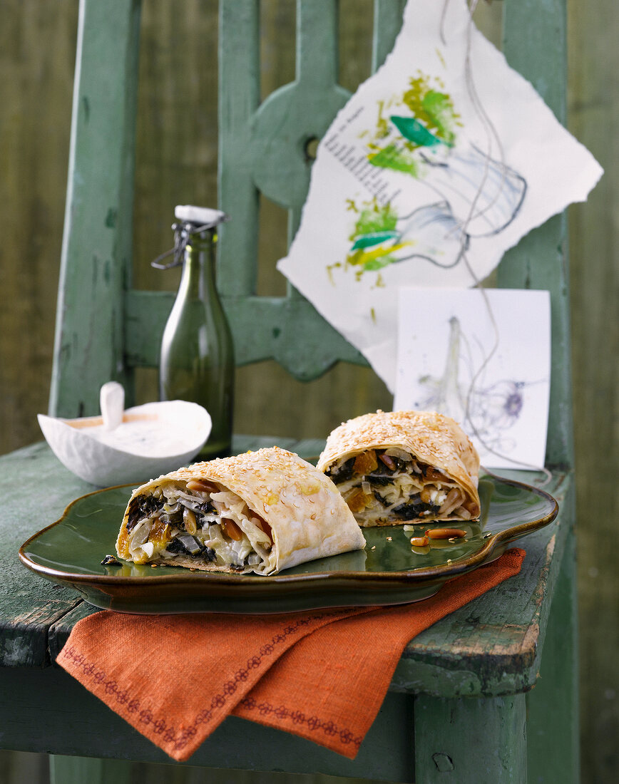 Spinach and fennel strudel on plate