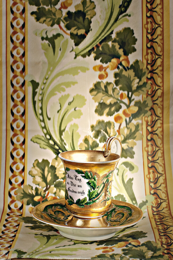 Souvenir cup with oak leaves pattern against patterned wall