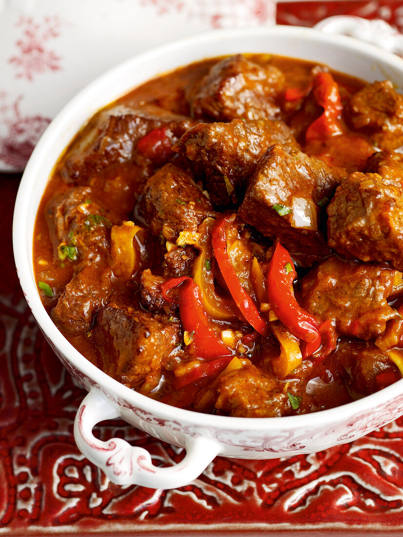 Hungarian goulash with paprika and marjoram in casserole