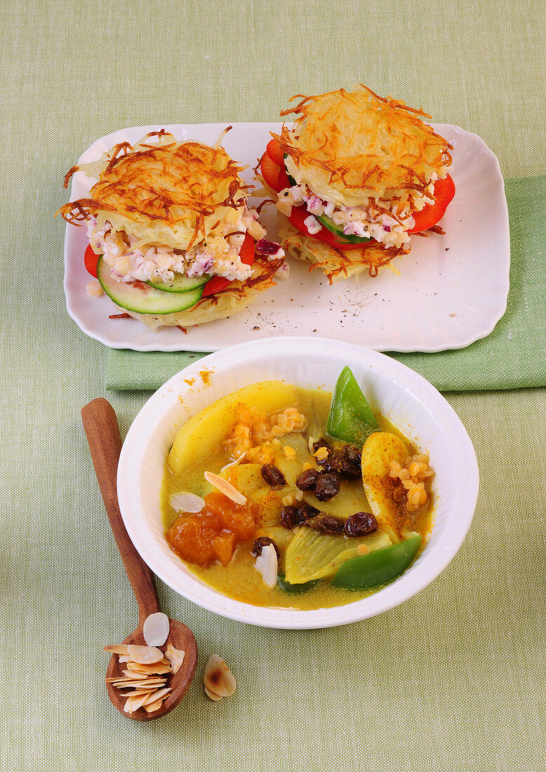 Two potato dishes on plate and blow