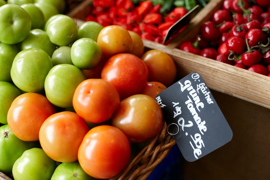 Basket of tomatoes in Viktualienmarkt, Munich, Germany