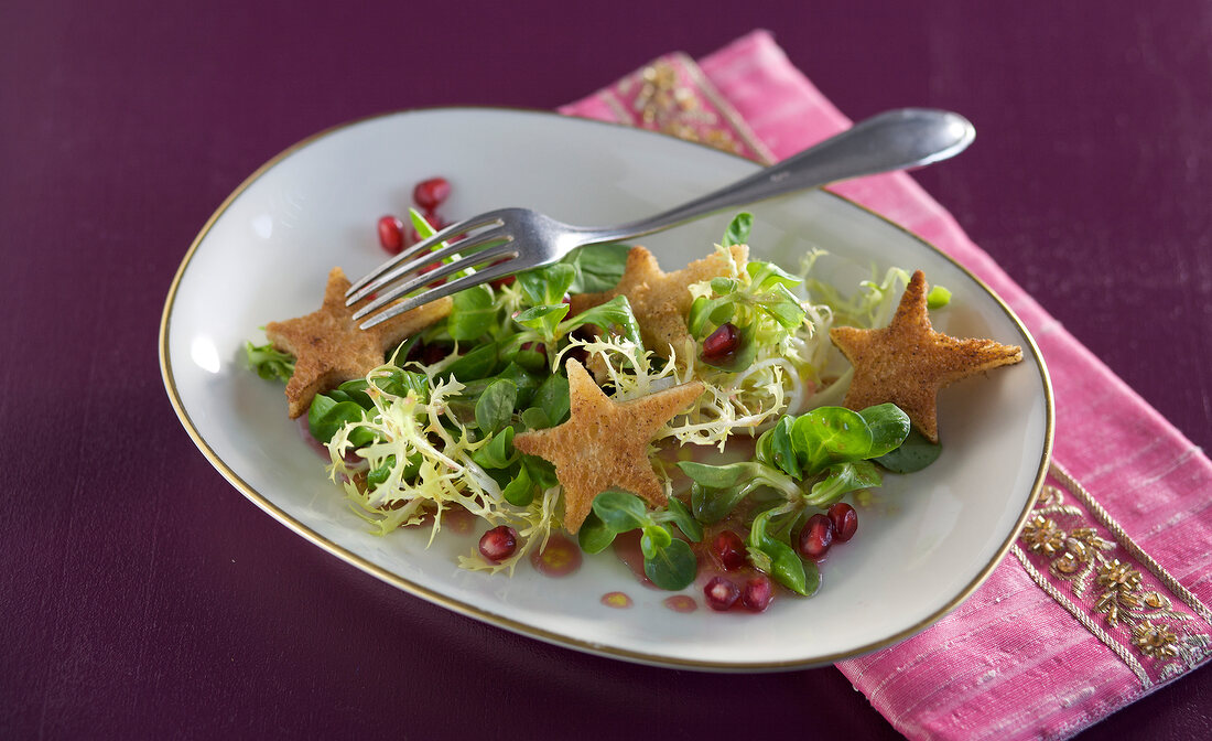 Crouton-stars and pomegranate seeds salad on plate
