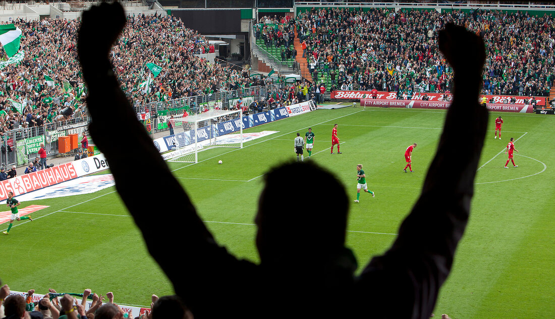 Man cheering in stadium during soccer match between Werder Bremen and FC Koln, Germany