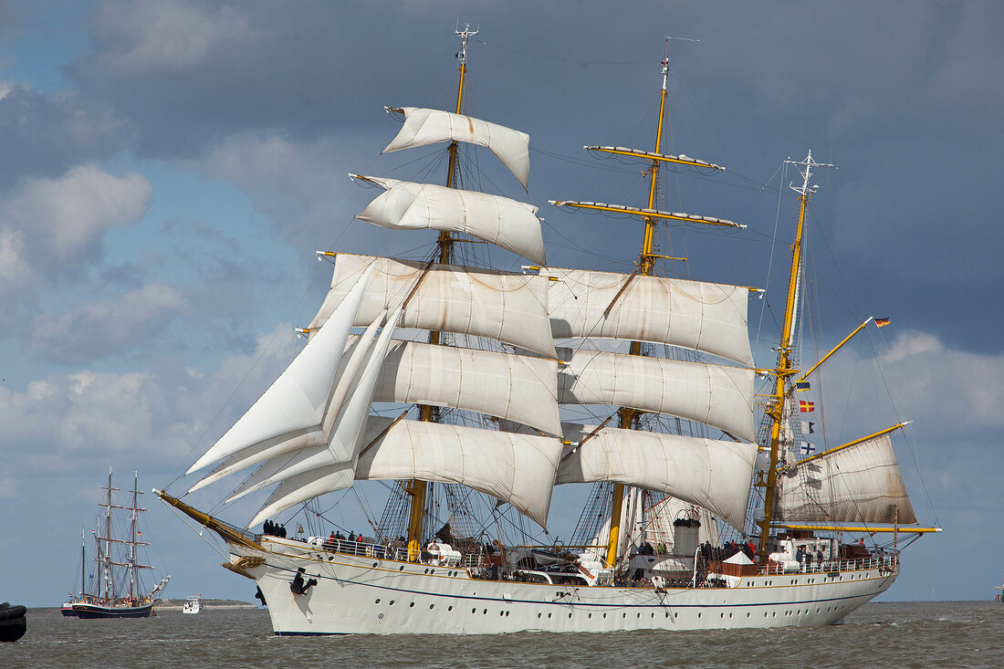 Gorch Fock sailing in sea near Atlantic Hotel Sail City in Bremerhaven, Bremen, Germany