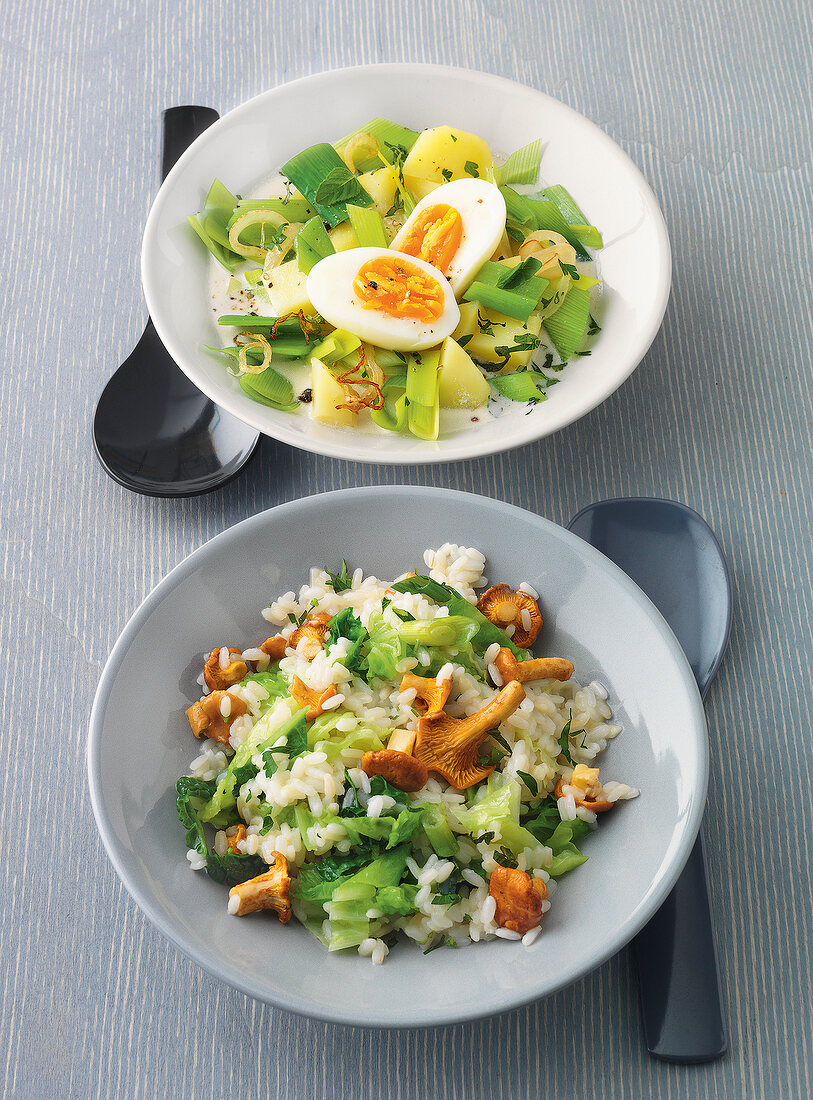 Diabetiker-Küche, Risotto und Lauch-Kartoffel-Gemüse mit Ei