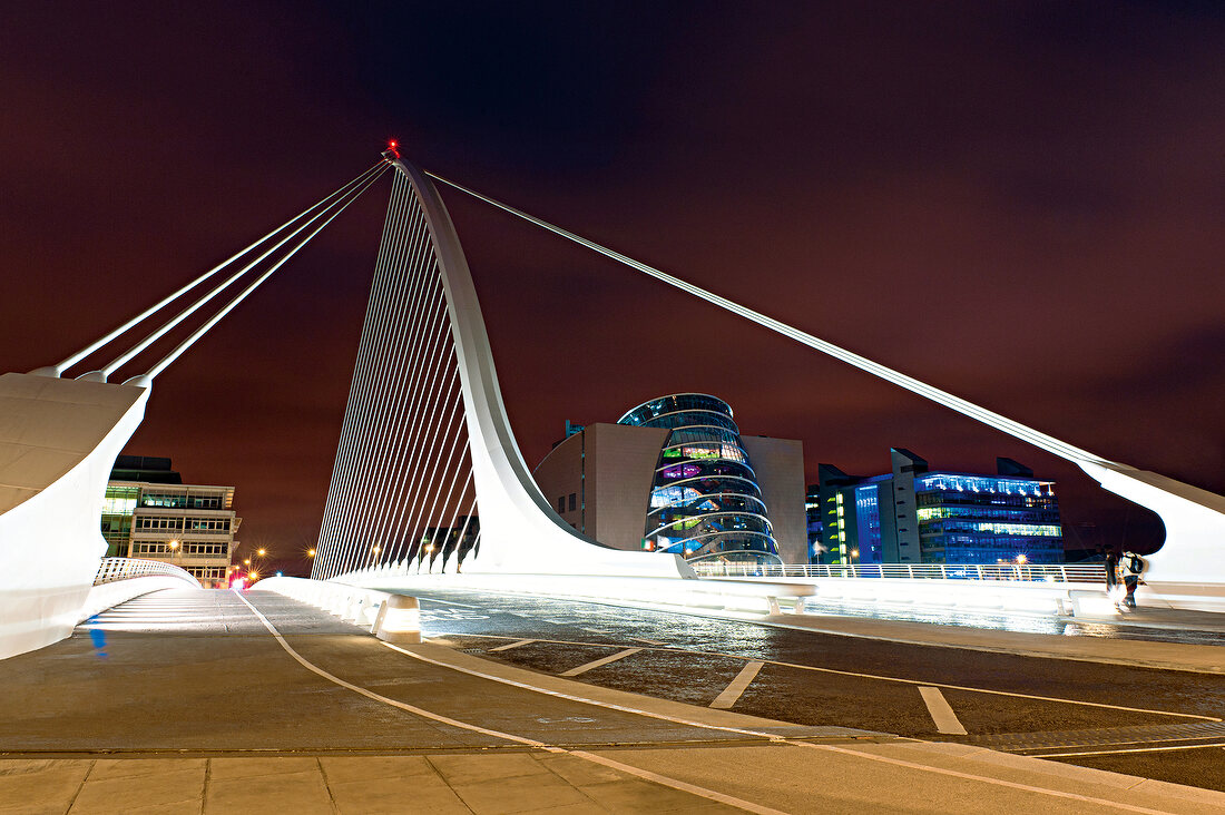 Illuminated view of Dublin Samuel Becket Bridge, Ireland