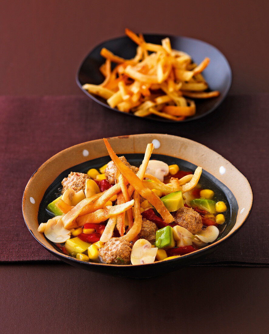 Tortilla strips served with vegetables in bowl