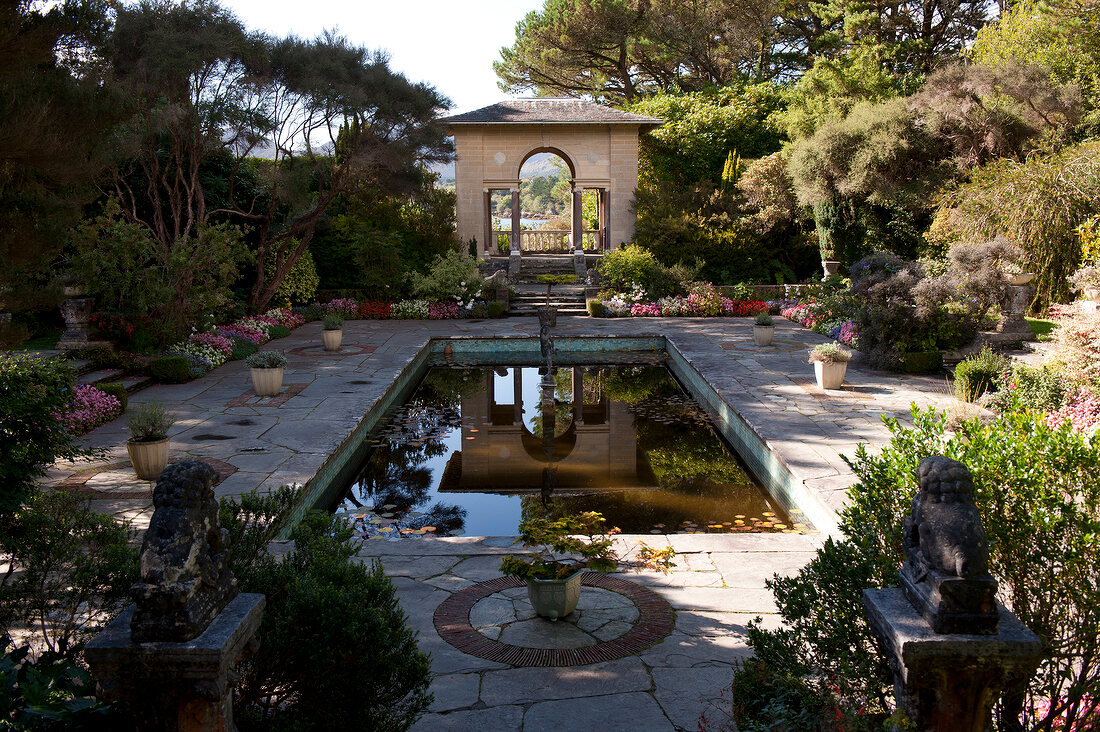 View of Ilnacullin Italian Garden surrounded with trees, Ireland, UK