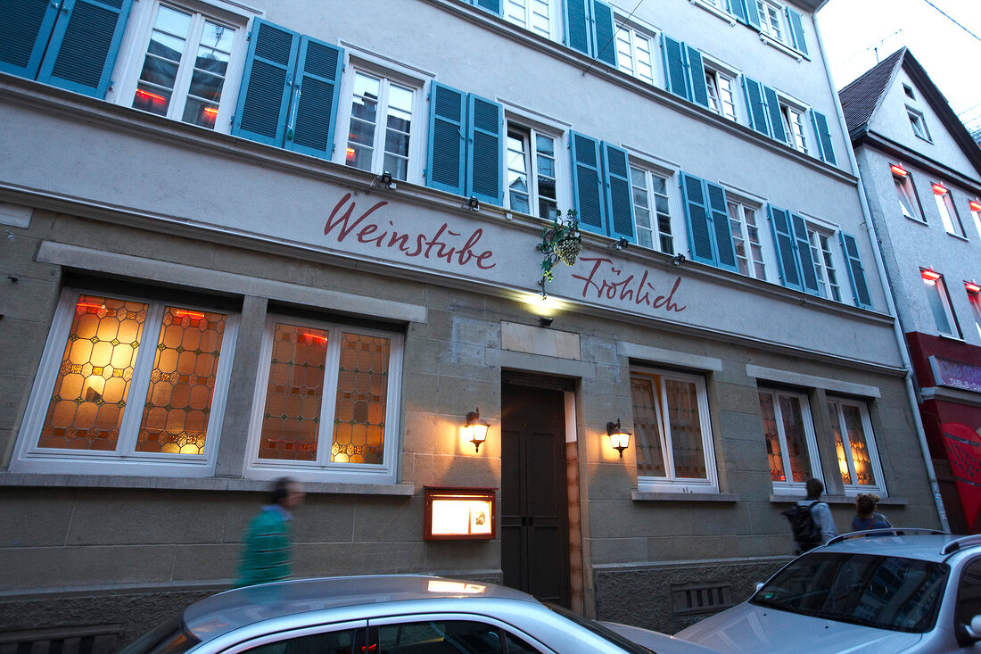 Entrance of Weinstube Frohlich wine bar in Leonhardstraße, Stuttgart, Germany