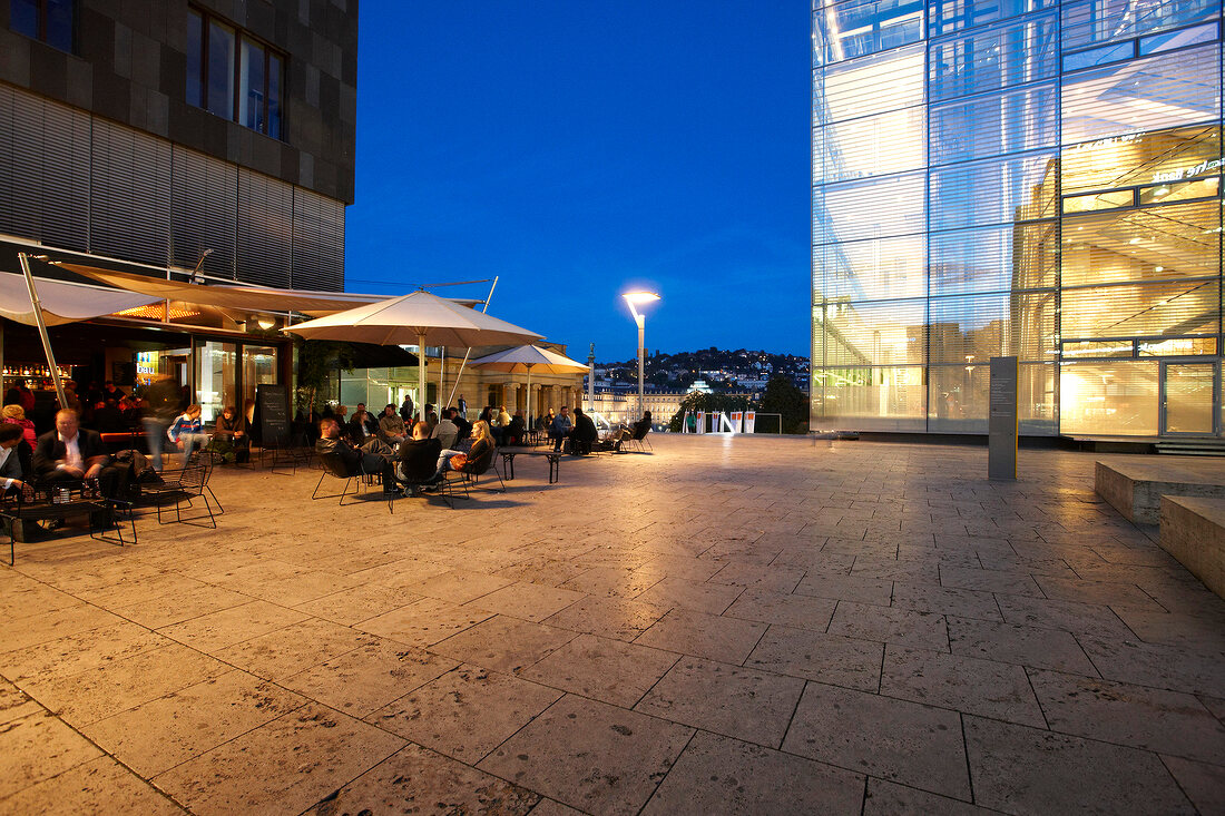 Facade of illuminated Museum of Fine Arts in Stuttgart