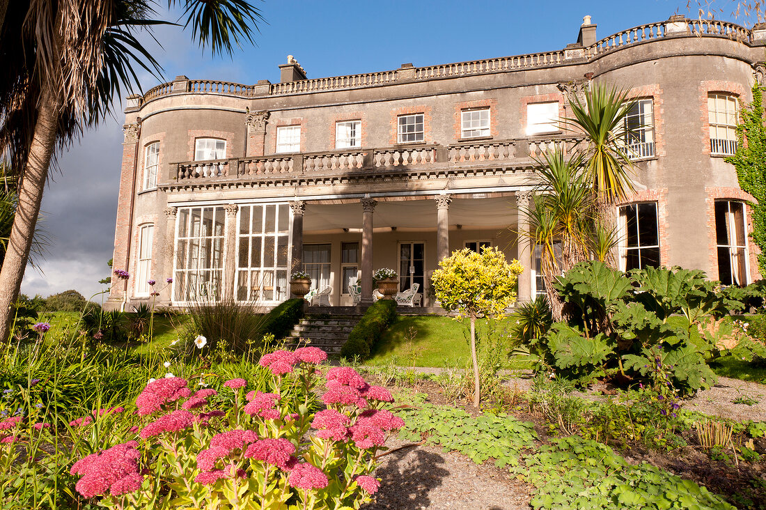 Facade of Bantry House and terrace garden, Ireland, UK