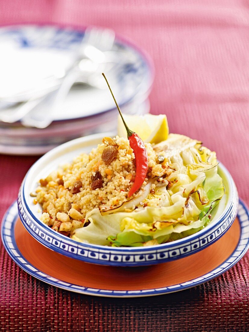 Couscous with lentils and pointed cabbage with chilli crumbs