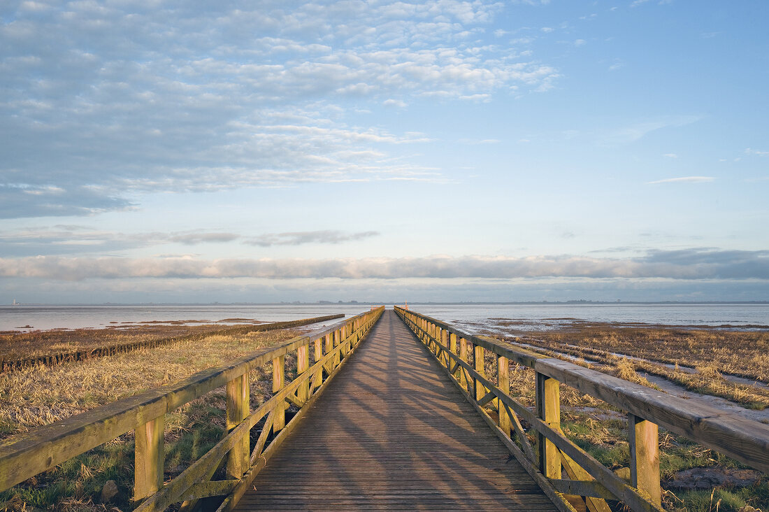 Wattlandschaft an der Nordsee, Holz steg ins Watt