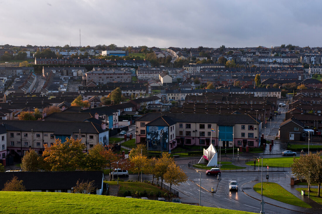 View of cityscape of Londonderry at dusk, Ireland, UK