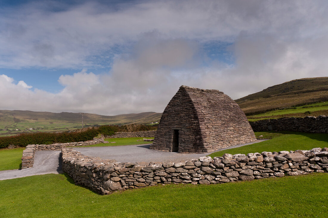 View of Gallarus Oratory and mountain in County Kerry, Ireland