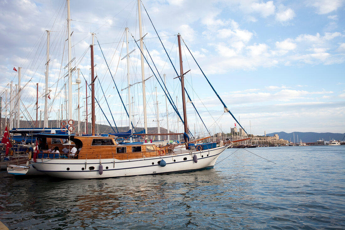 View of sailboat at harbour in Bodrum, Turkey