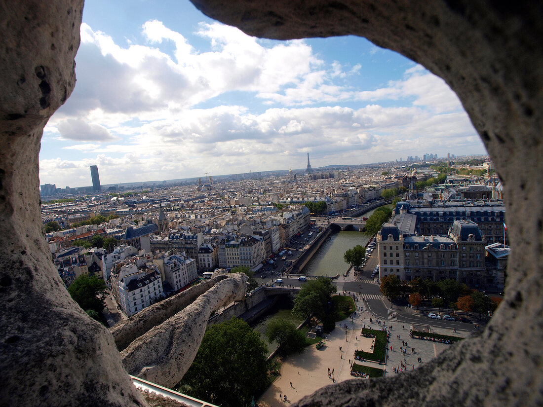 View of cityscape through Notre Dame cathedral in Paris, France