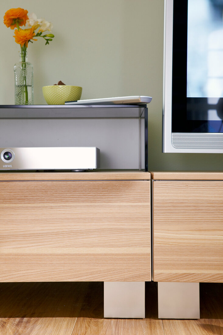 Close-up of wooden TV benches