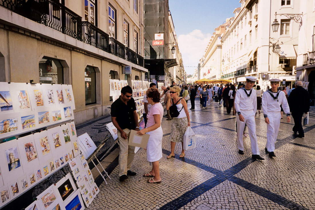 People at shopping street of Rua Augusta in Lisbon, Portugal