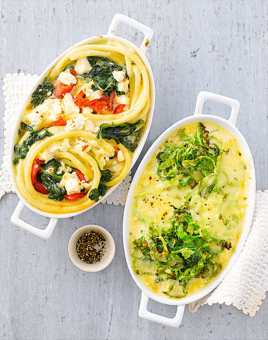 Two different types of vegetable gratins in casseroles, express cooking