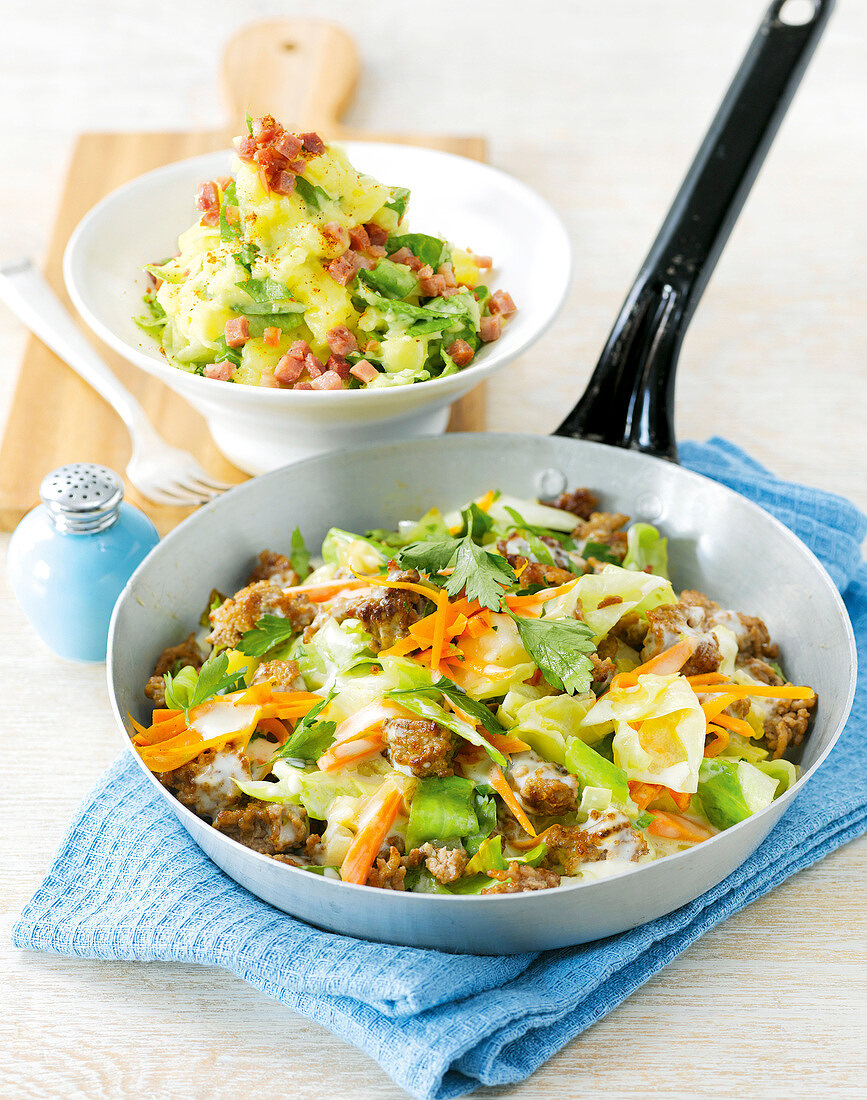 Stir fry endive with mashed cabbage in pan, express cooking