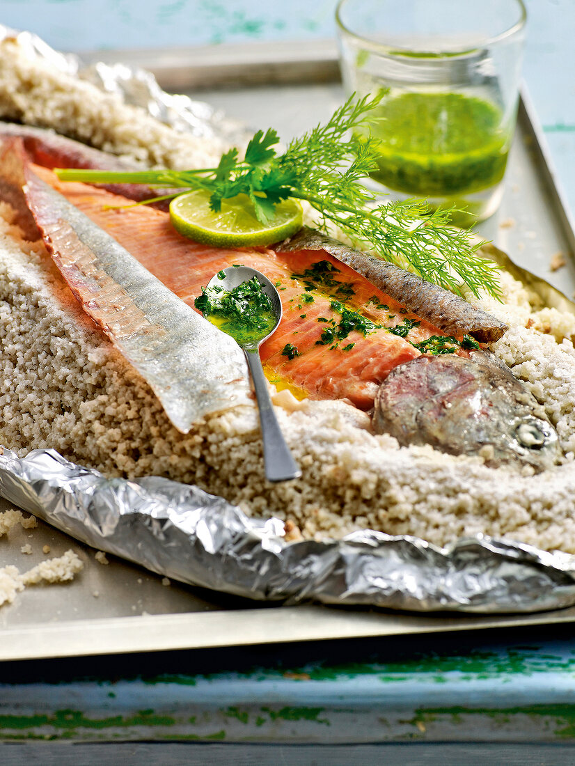 Salmon trout with salt crust