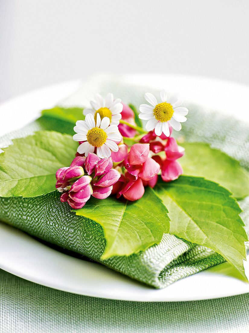 What to cook. Place setting with green napkin, leaves and flowers