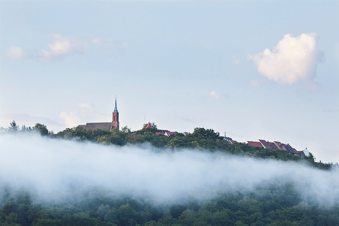 Morning fog at Dilsberg city, Germany