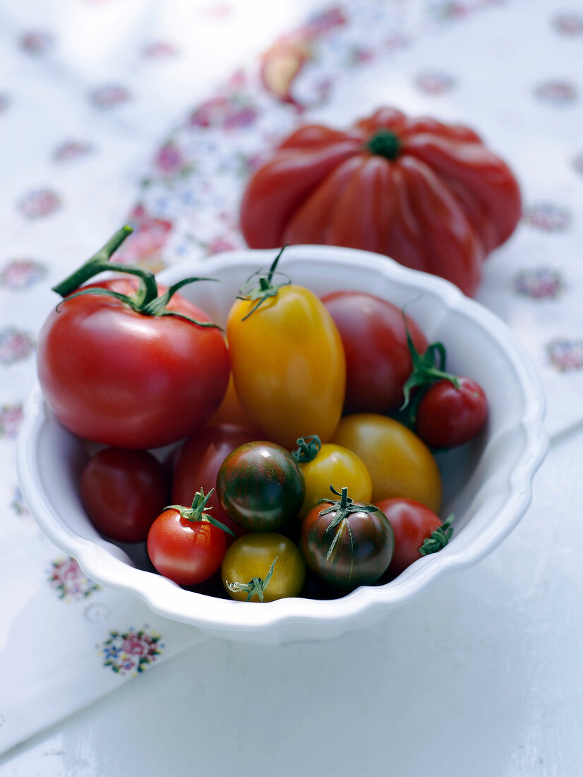 Sommerküche, Schüssel mit verschiedenen Sorten Tomaten