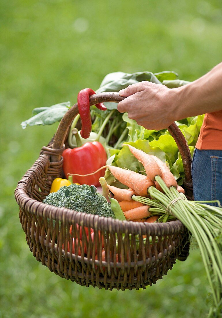 A wicker basket filled with fresh summer vegetables