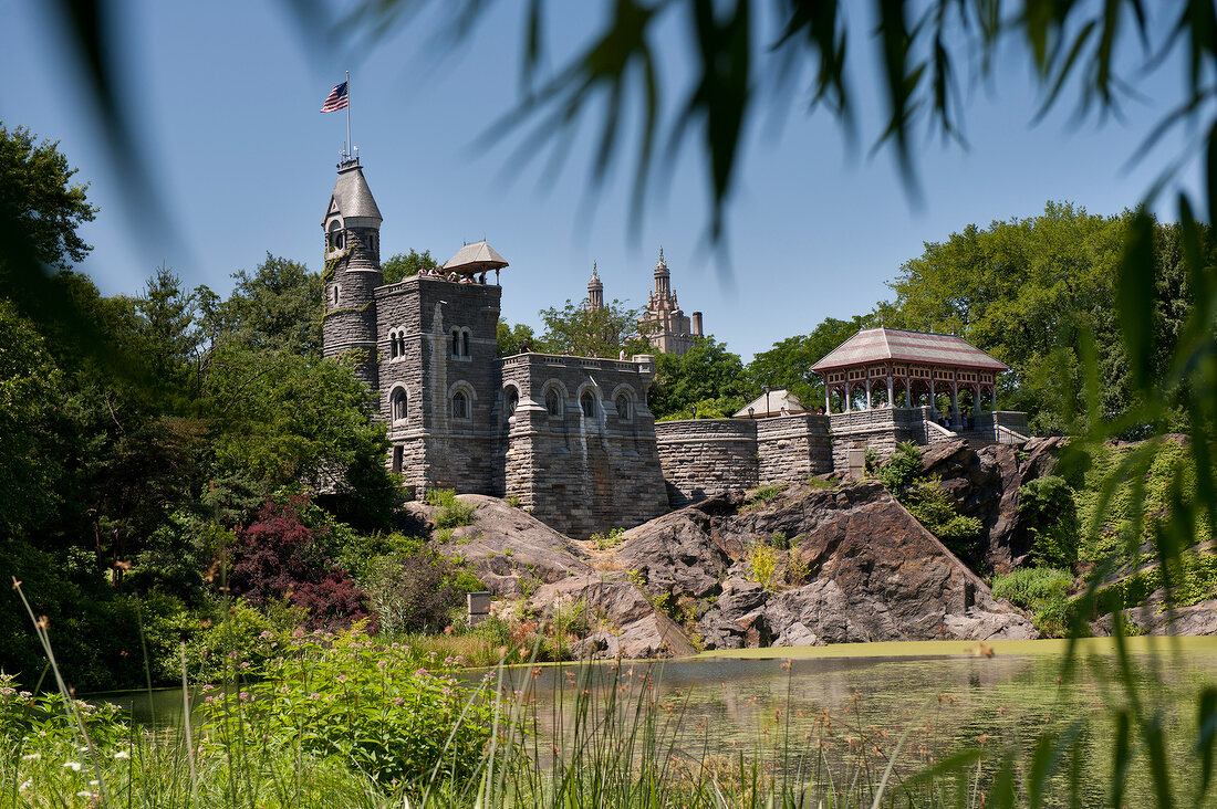 View of castle and pond in Central Park, New York, USA