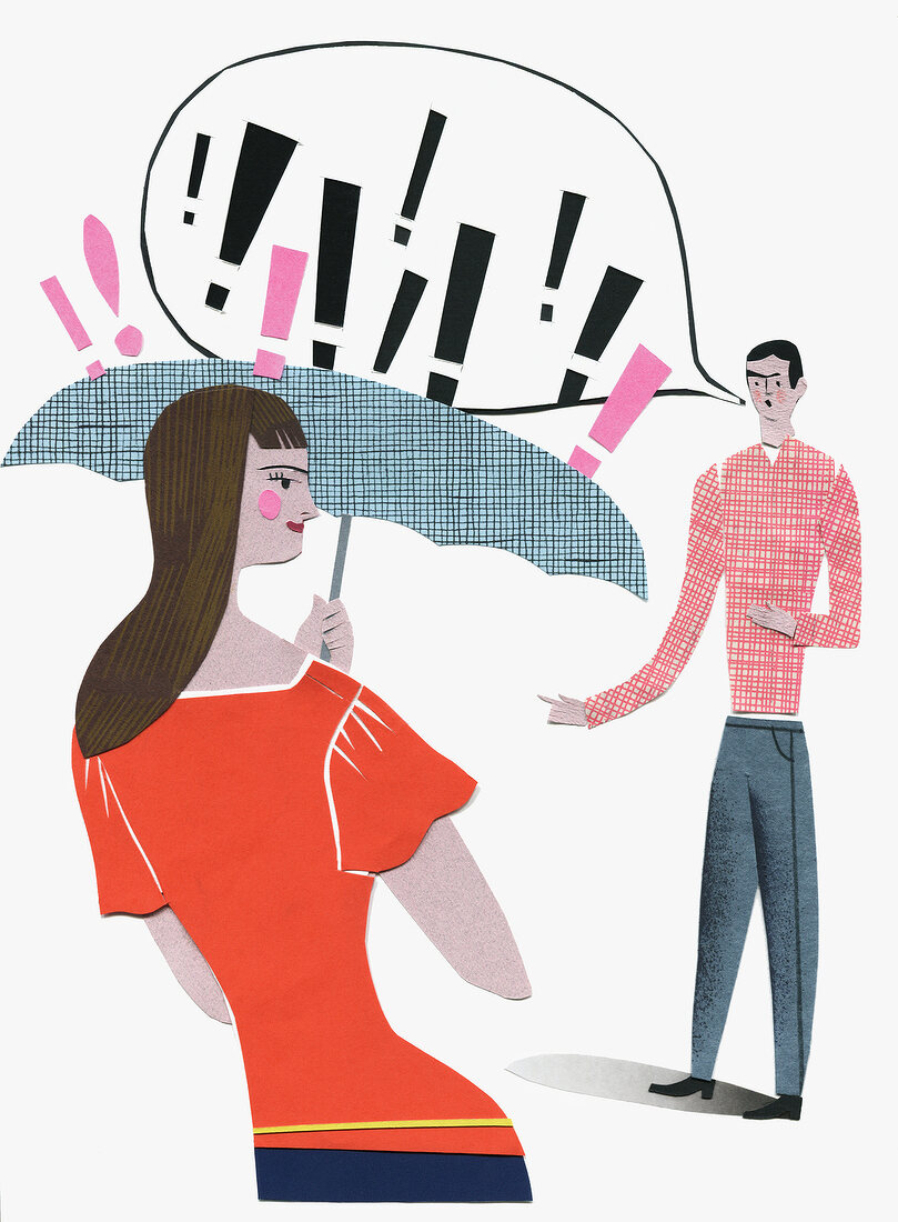 Illustration of woman holding umbrella and man with exclamation marks in speech bubble