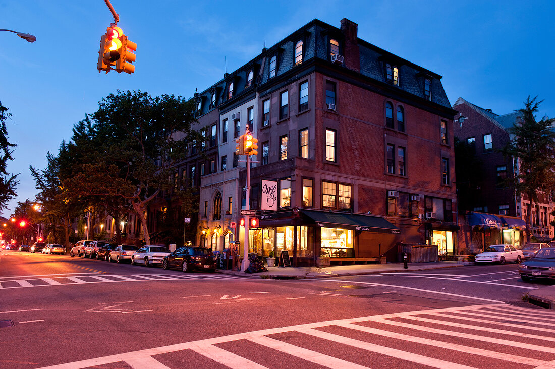 Street Cross in park slope at night, New York, USA