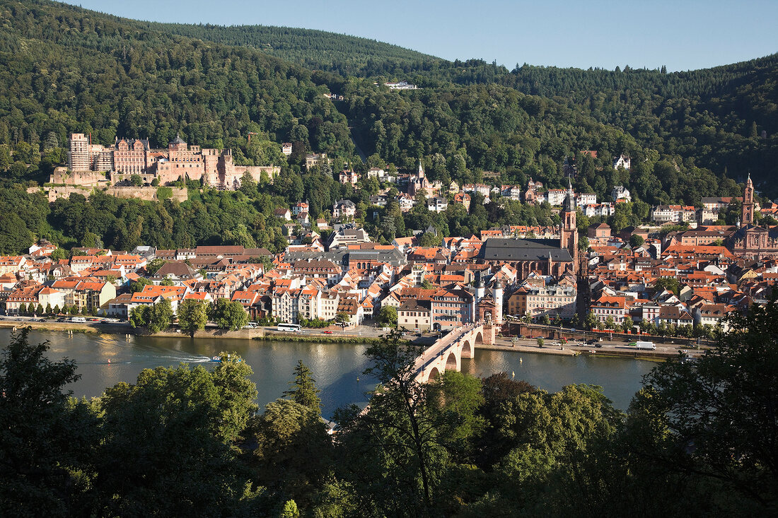 Elevated view of Old Town and old bridge over river Neckar, Heidelberg, Germany
