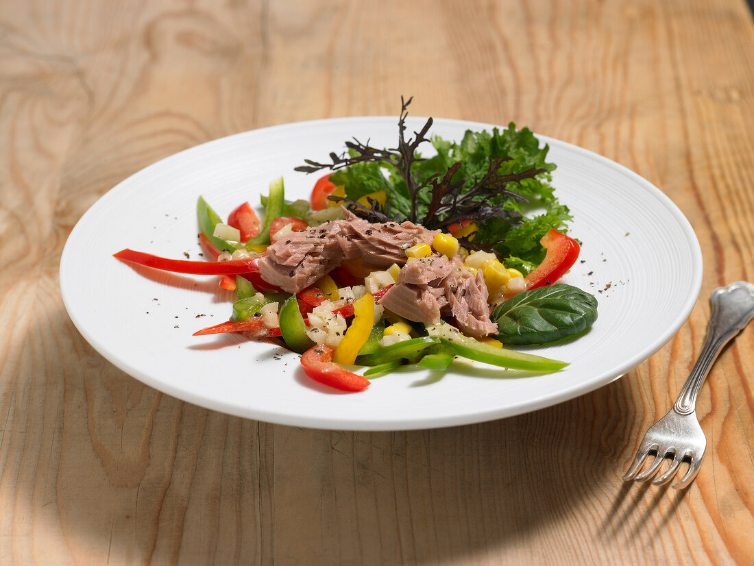 Tuna salad with vegetables and leaves on plate
