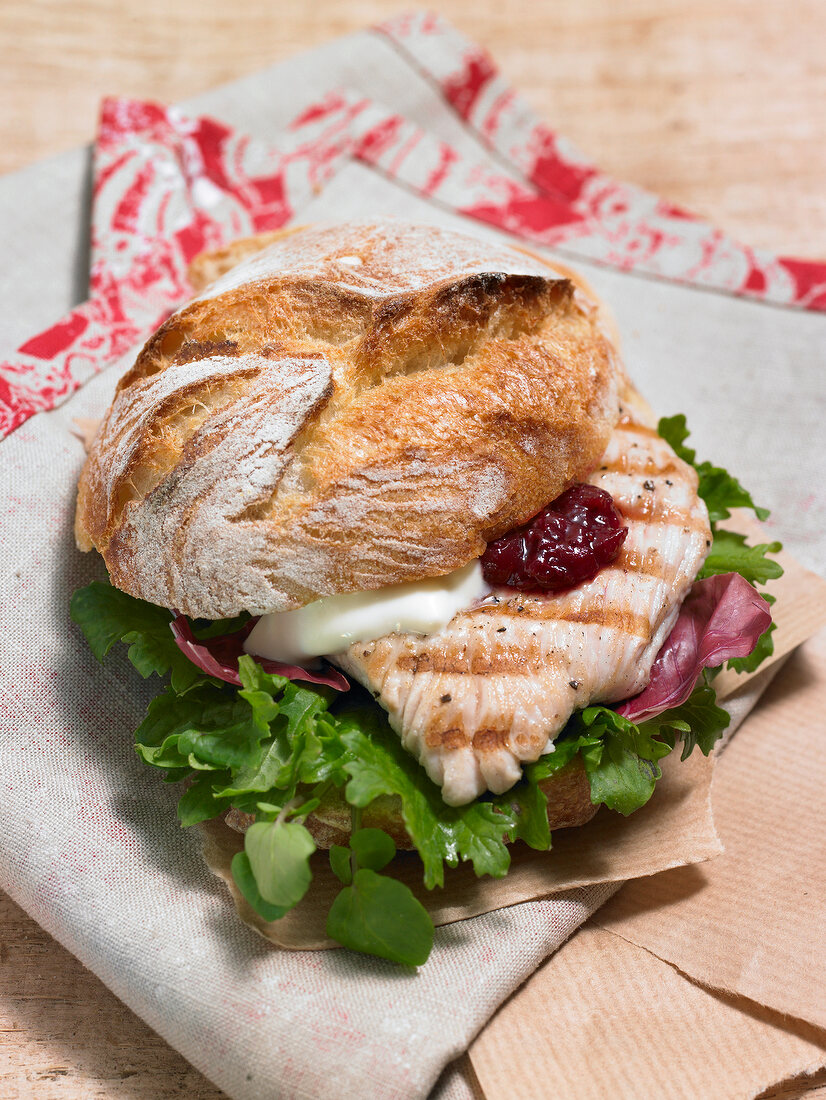 Close-up of schnitzel sandwich on paper